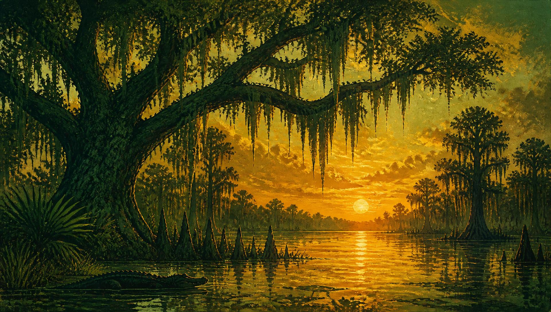 Illustrated Louisiana bayou at sunset with moss-draped live oaks